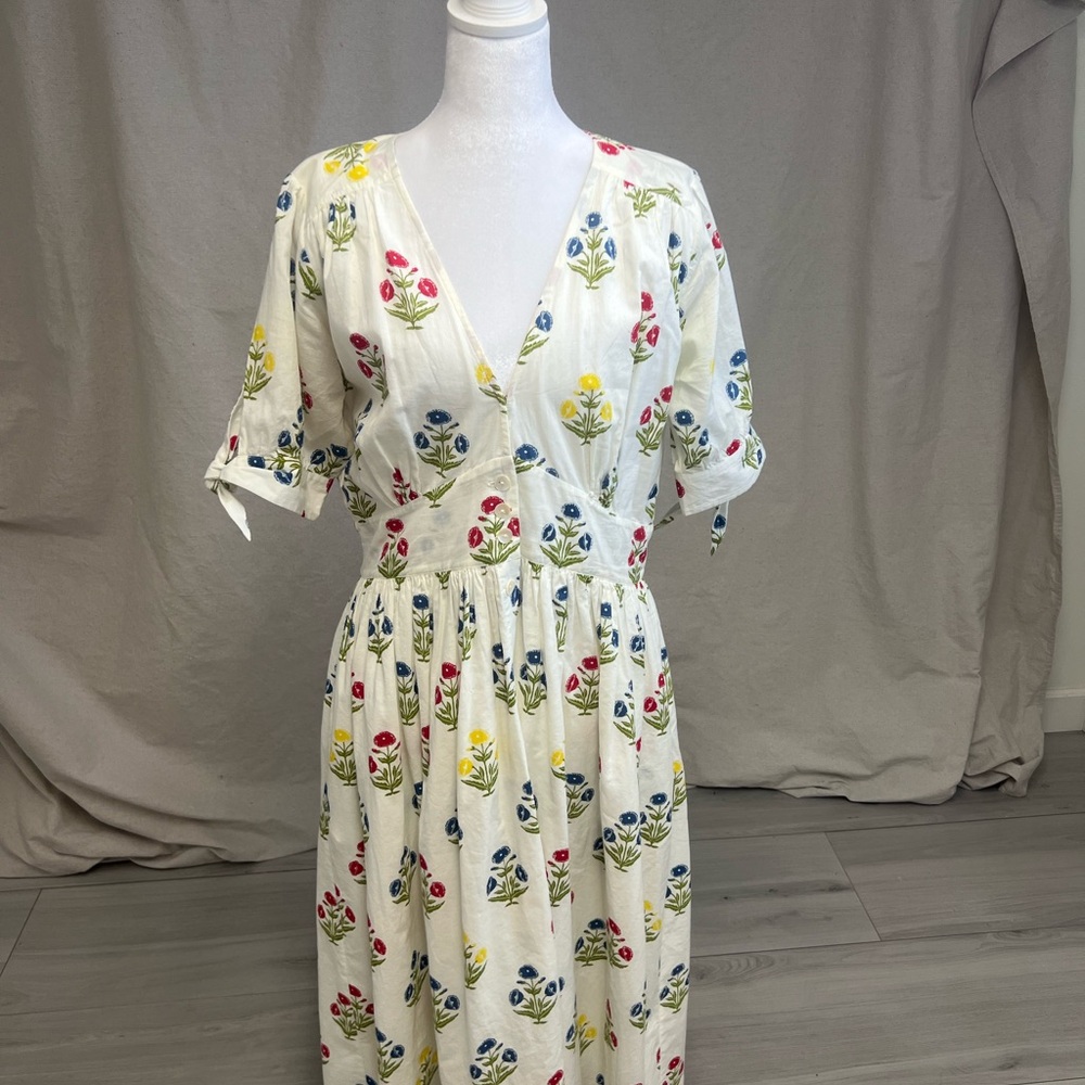 Pink Chicken Floral VNeck Midi Dress Multicolor Embroidery Sz M Cottagecore Boho - Picture 2 of 8
